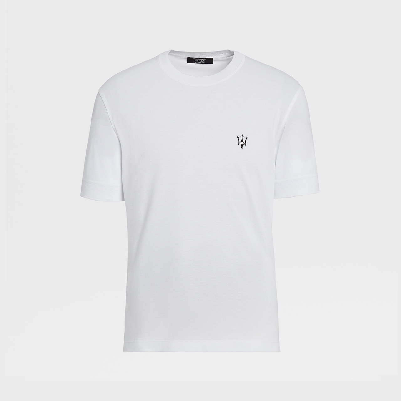 White t-shirt with Maserati trident logo