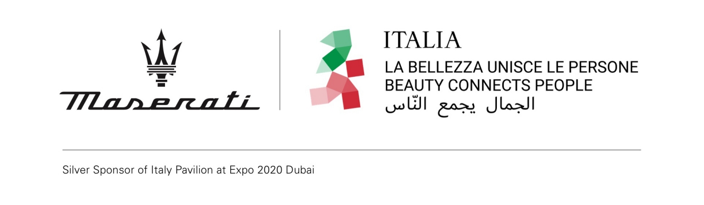 Logo de Maserati junto al logo del pabellón de Italia en la Expo Dubai 2020